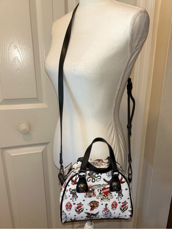 Ed Hardy Handbags - NWT White Tattoo-Print Dome Satchel with Black Trim